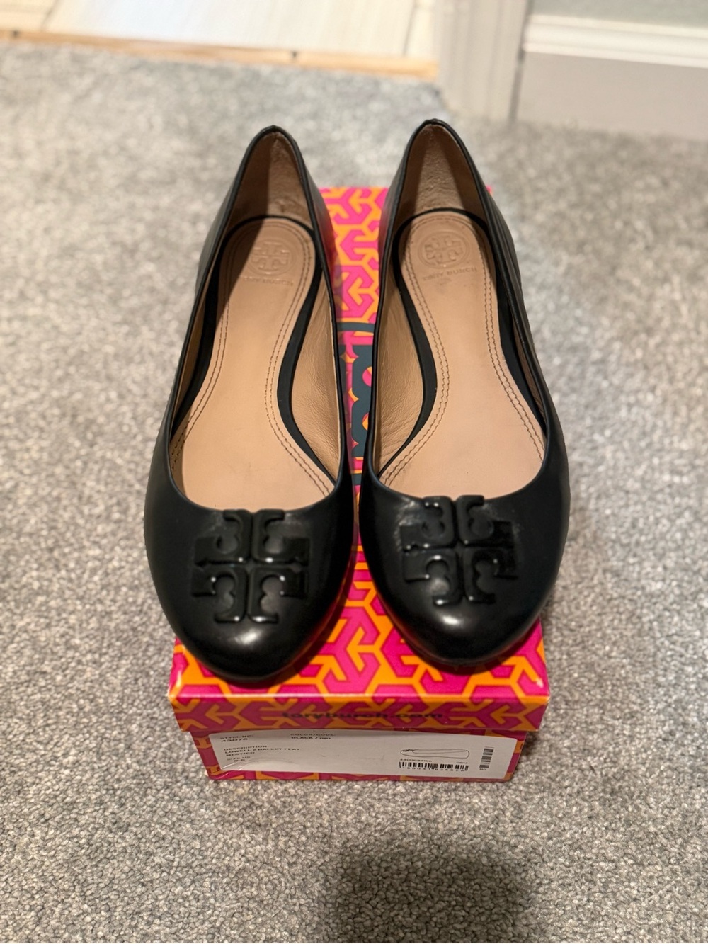 Tory Burch Black Leather Logo Ballet Flats